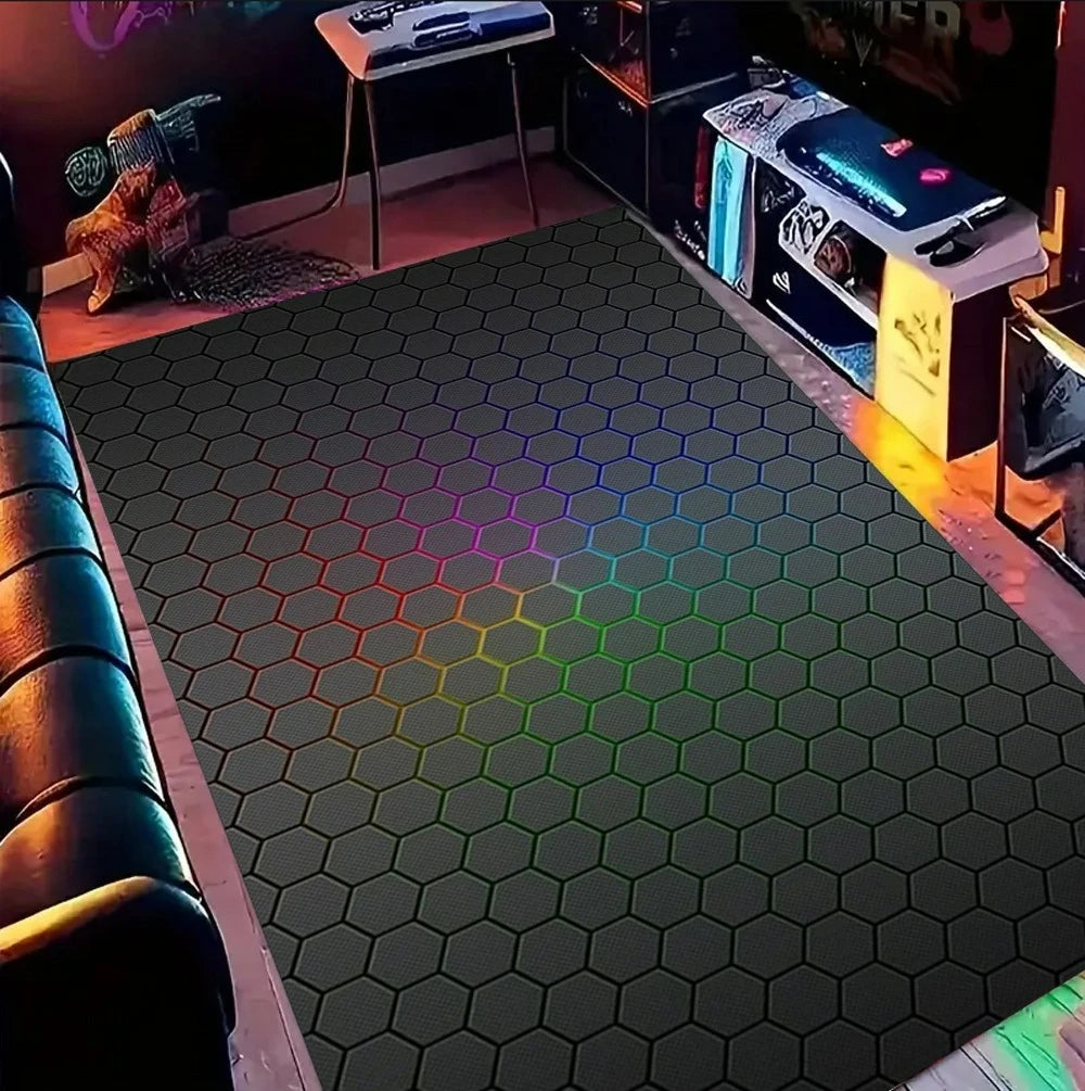 tapis salon moderne noir motif hexagones lumineux décoration chambre gaming intérieur géométrique