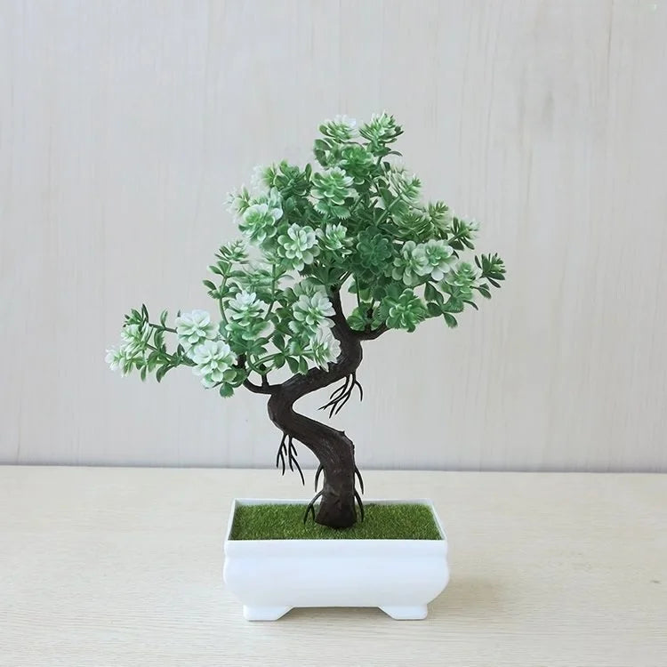 bonsaï artificiel vert feuilles rondes pot blanc décoration intérieure tronc noueux classique mousse verte