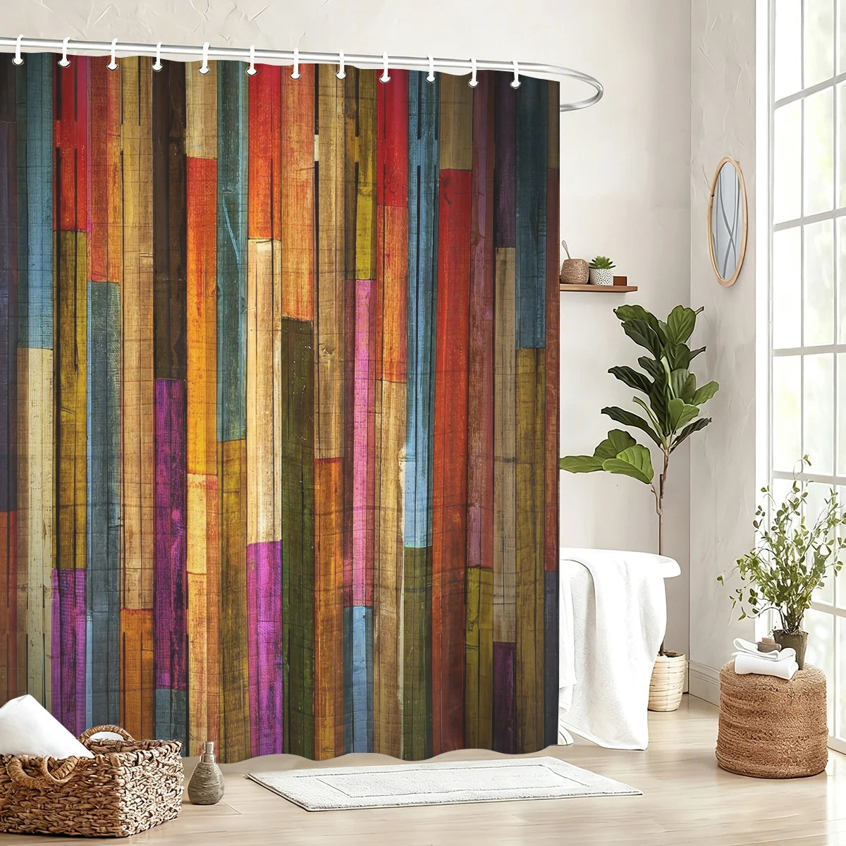 rideau douche rustique western motifs cowboys étoiles tournesols bois ancien opacité anneaux métalliques