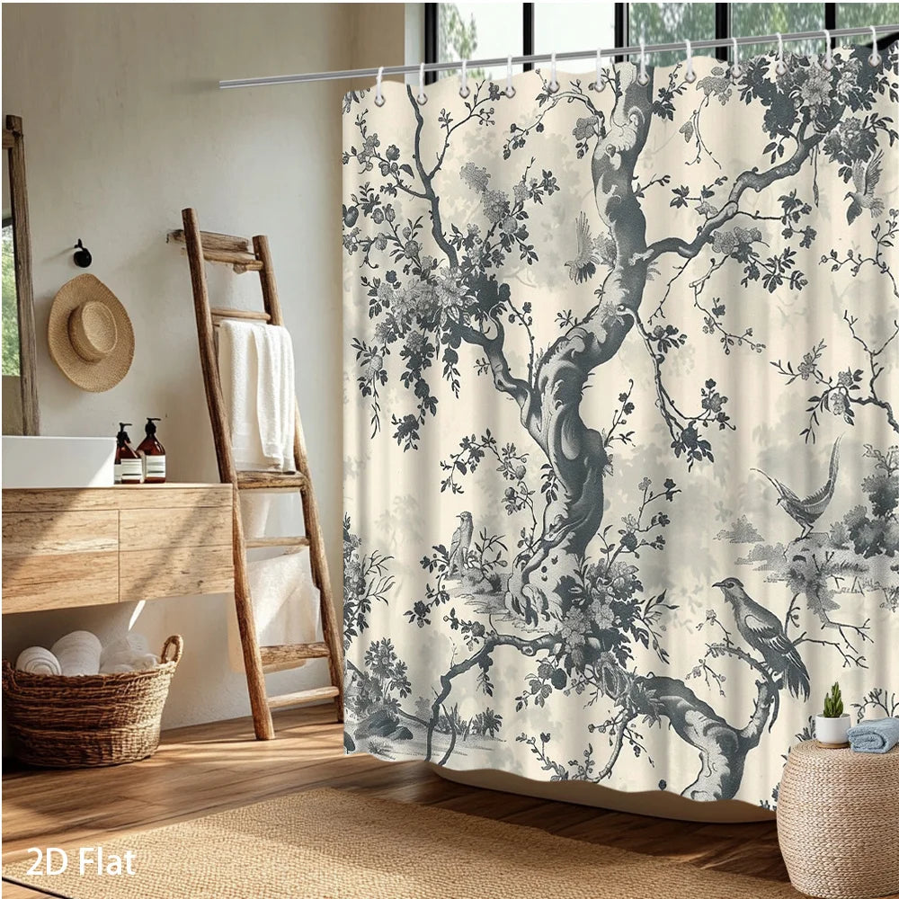 rideau douche polyester arbre oiseaux classique naturel gris beige moderneôtelte
