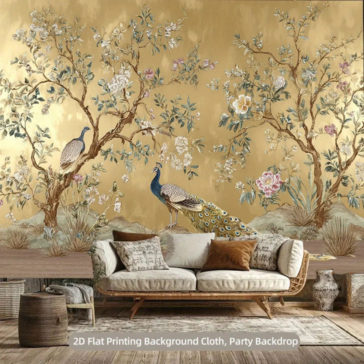 toile fond photo ornementale fleurs oiseaux classique polyester grande dimension événementiel