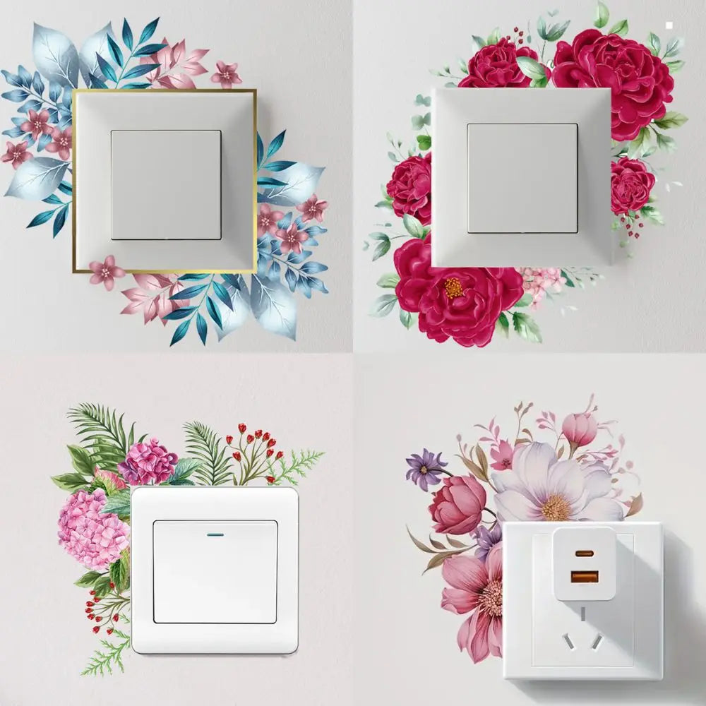 autocollant mural décoratif interrupteur fleurs blanc classique adhésif salon bain chambre maison