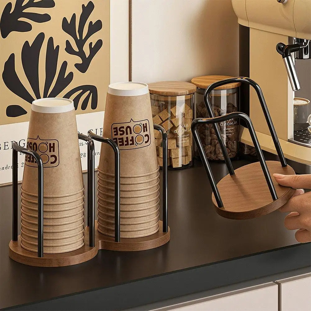 support tasses jetables marron clair noir imprimé coffee logo texture bois moderne poignées métalliques