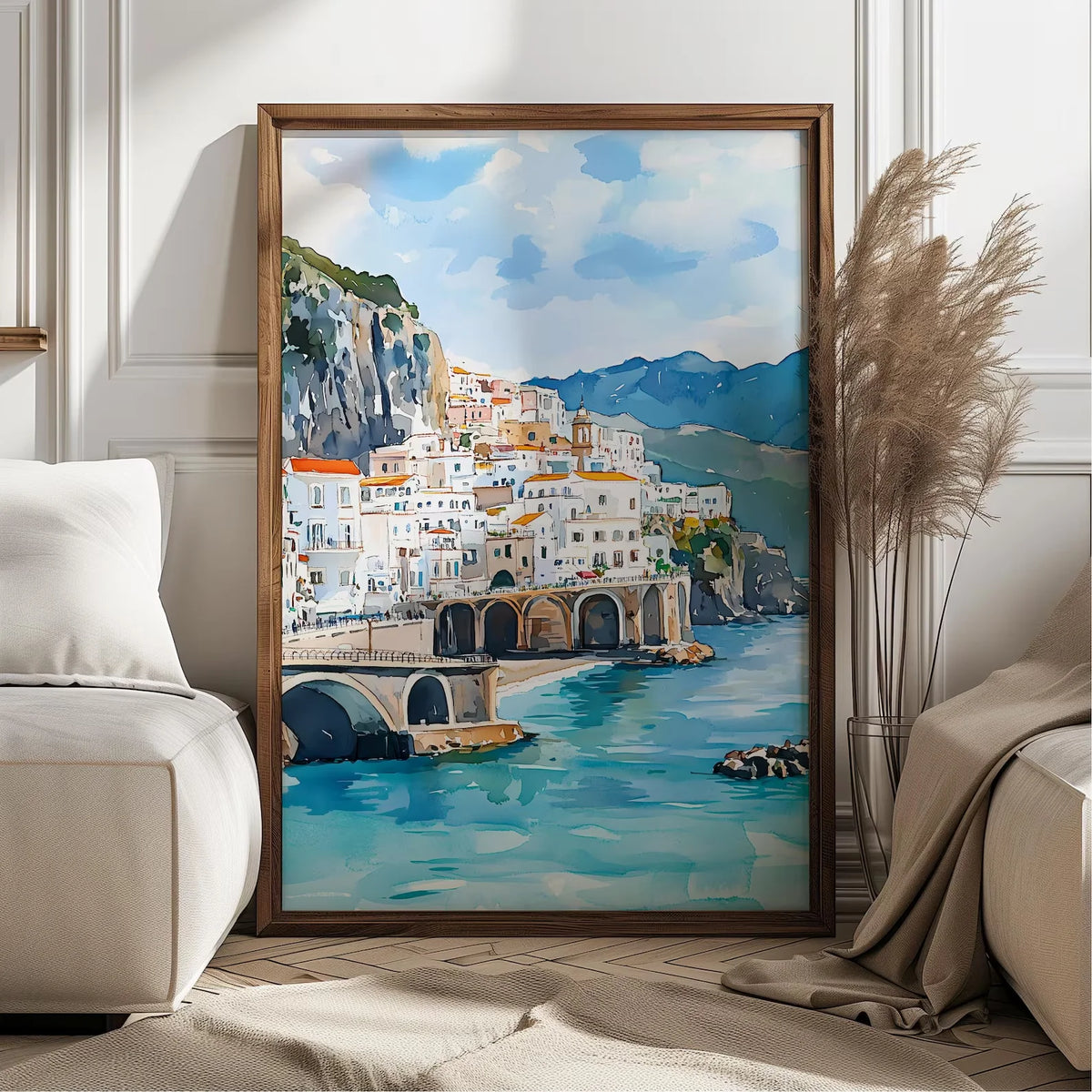 tableau paysage urbain amalfi coast italien bleu blanc vert beige montagnes rivière pont peinture