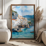 tableau paysage urbain amalfi coast italien bleu blanc vert beige montagnes rivière pont peinture