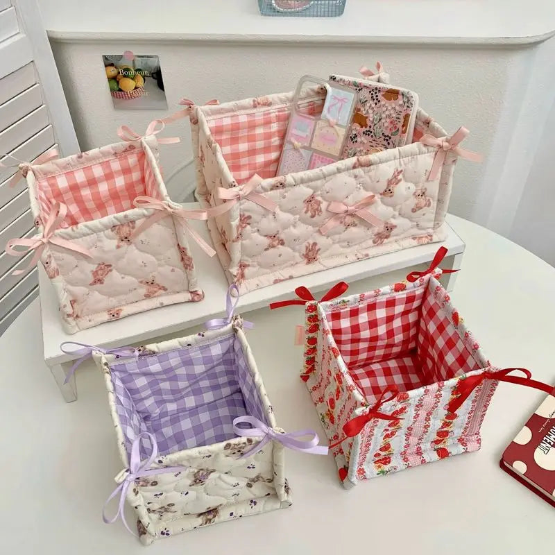 paniers rangement vichy ours fleurs blanc rose violet texturés rubans décoratifs organisateur cosmétiques