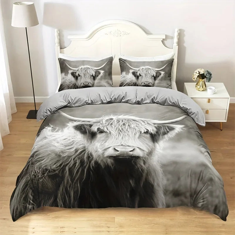 ensemble literie gris noir blanc imprimé taureau moderne housse couette taie oreiller zip king