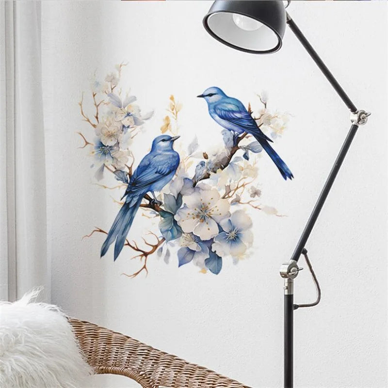 sticker mural oiseaux branches fleurs art floral adhésif bleu blanc beige bruns chambre salon