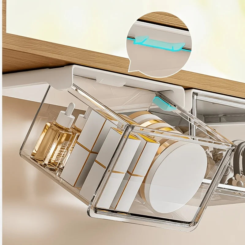 boîtes rangement sous meuble transparent clips modernes rangement bouteilles bâtonnets optimisation espace élégant pratique