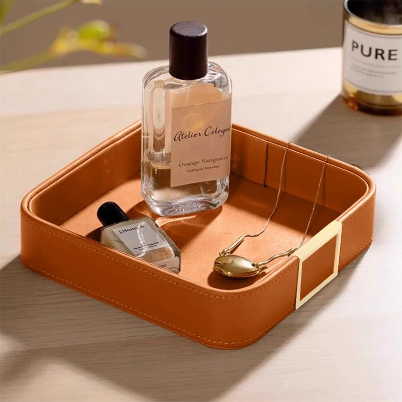 plateau decoratif cuir synthetique moderne marron cuivré minimaliste bijoux montres cosmétiques clés porte monnaie