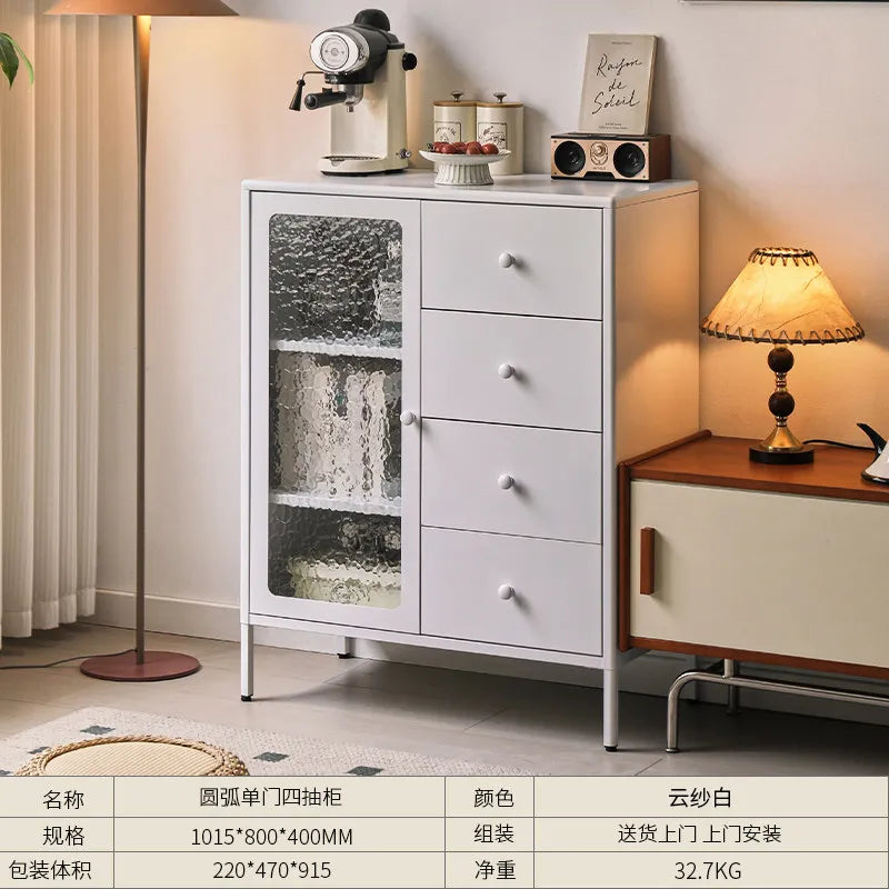 armoire tiroirs blanc moderne verre translucide poignées blanches pieds noirs
