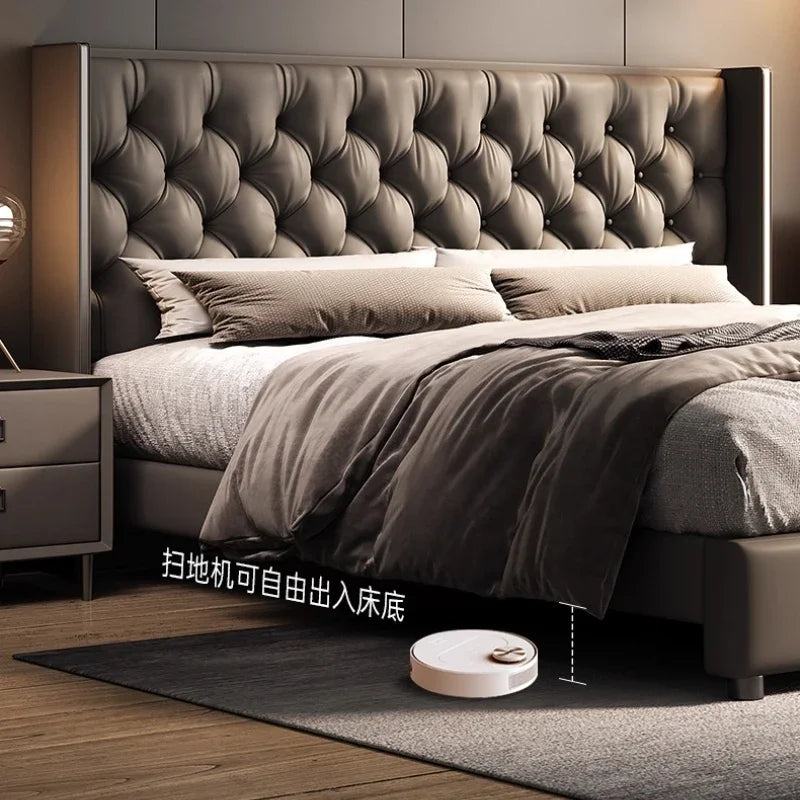 lit gris tufté moderne pieds ronds chambre coucher bois artificial leather minimaliste
