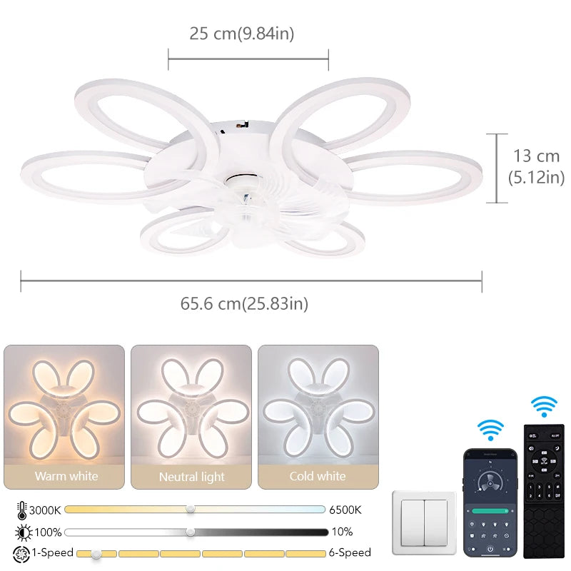 ventilateur plafonnier led blanc floral moderne télécommande app mobile vitesses lumière réglable