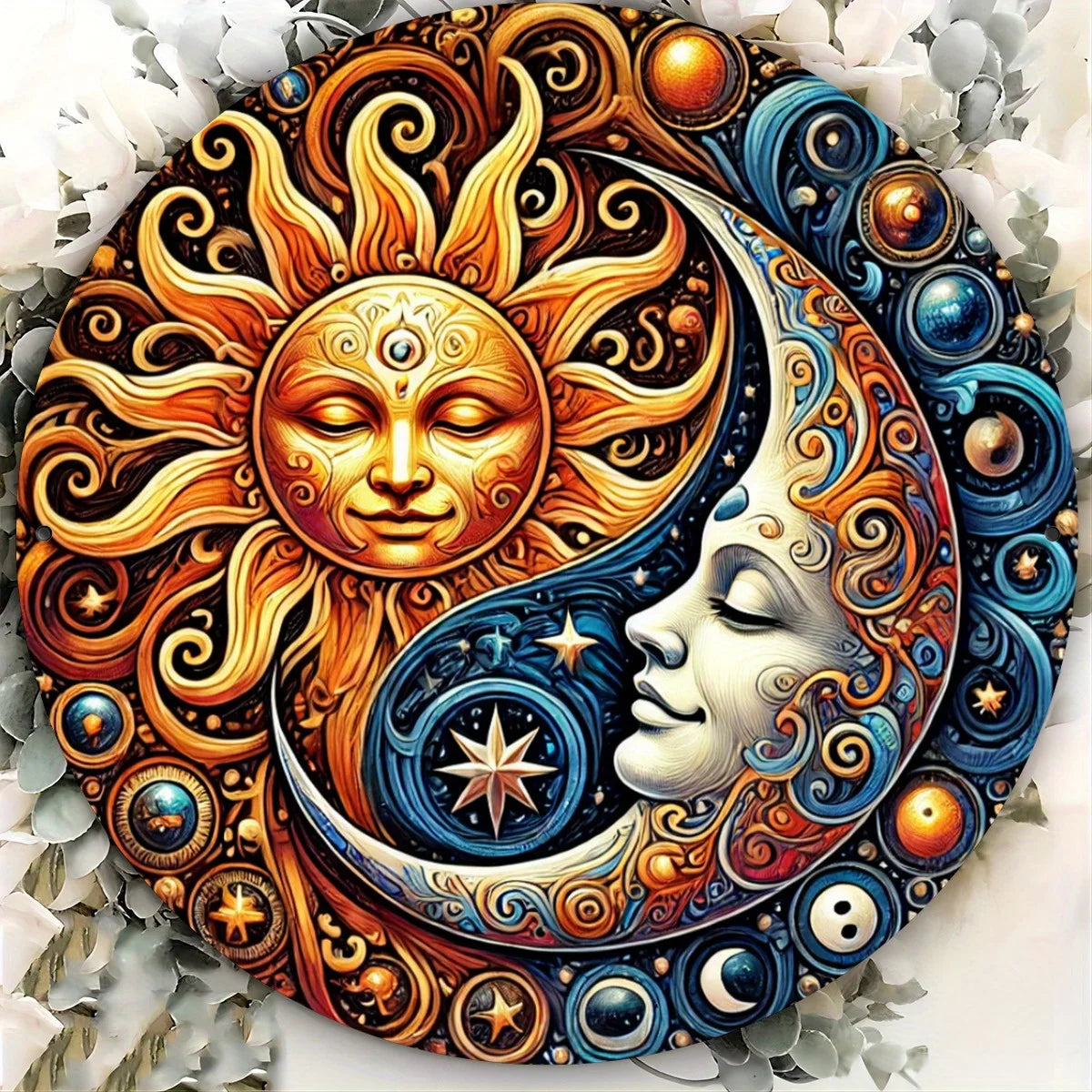 décoration murale ronde or soleil lune motifs floraux spirituel mandala 20cm
