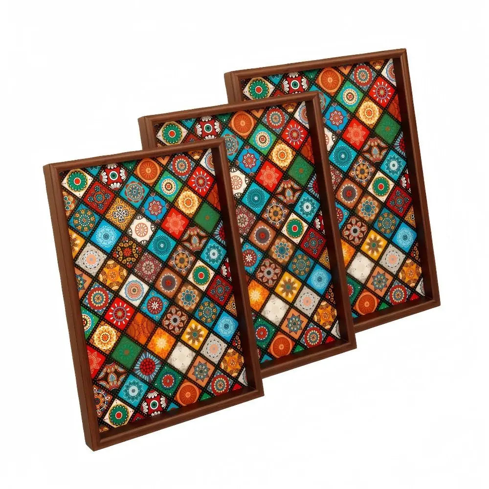 plateau bois géométrique multicolore motifs floraux moderne décoration entrée rangement servir objetos personnels