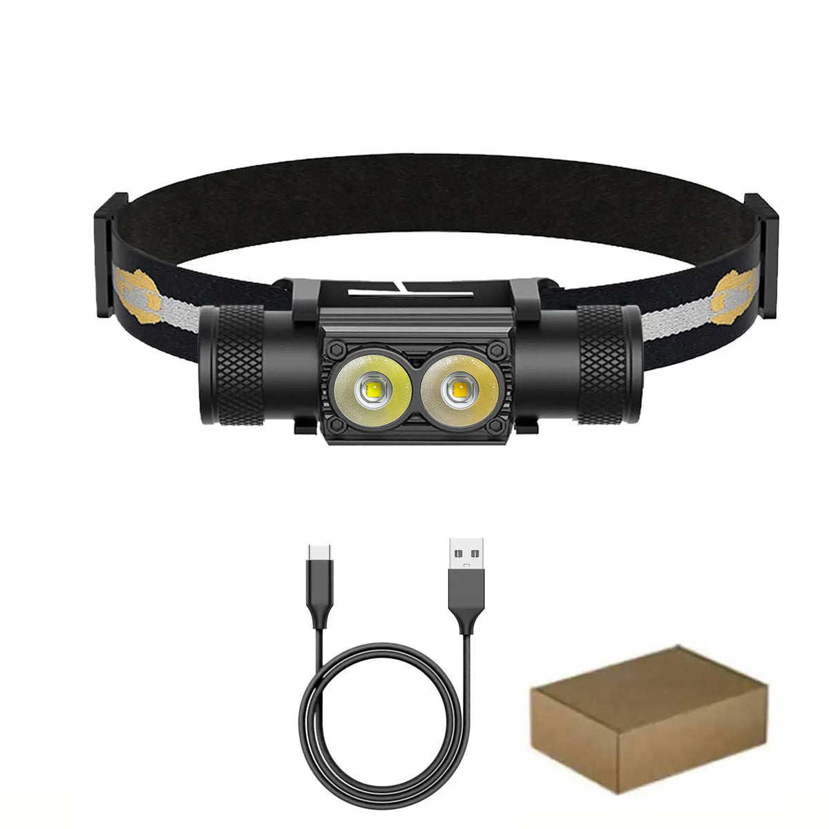 lampe frontale led noire jaune camping pêche randonnée course nuit bande élastique usb type