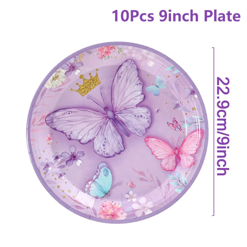 vaisselle jetable fête anniversaire papillons violets roses fleurs couronnes paillettes dorées assiettes tasses serviettes
