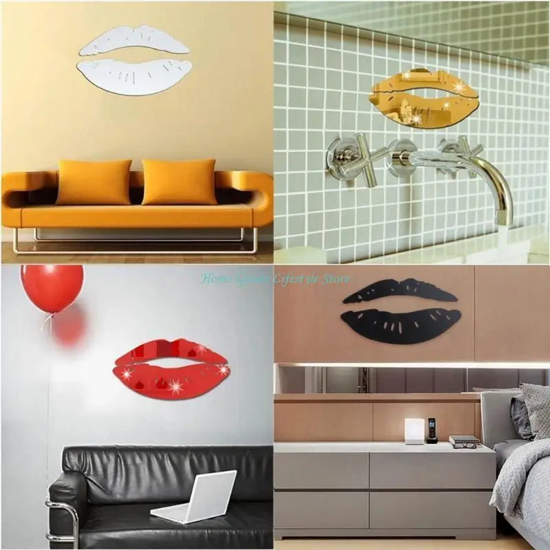 miroir mural adhésif forme lèvres couleur or rouge noir moderne décoration intérieure blanc