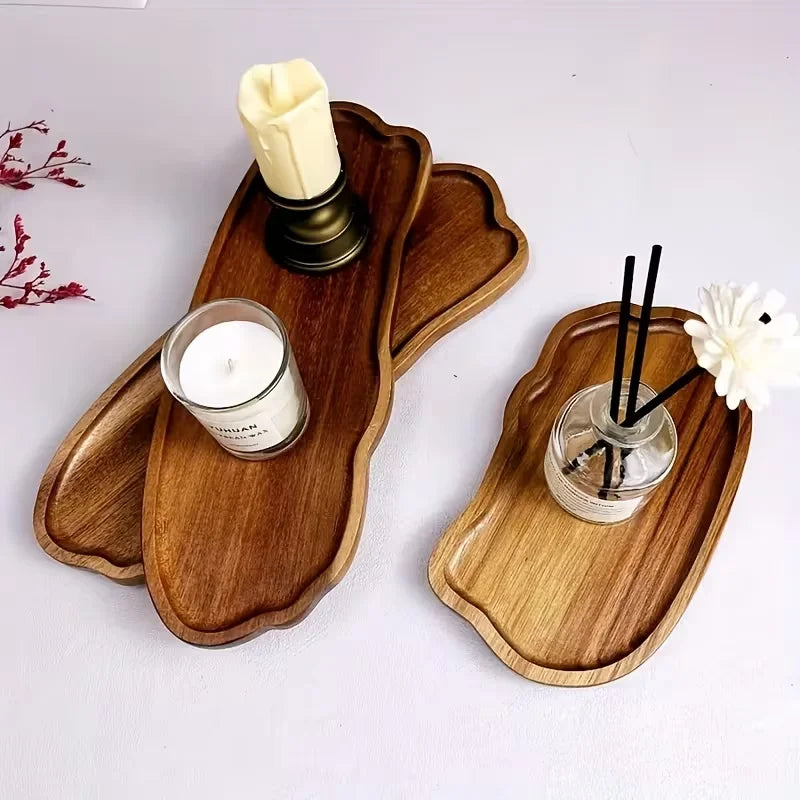 plateau bois massif rangement bougies parfumées vases fleurs décoration salle bain coiffeuse