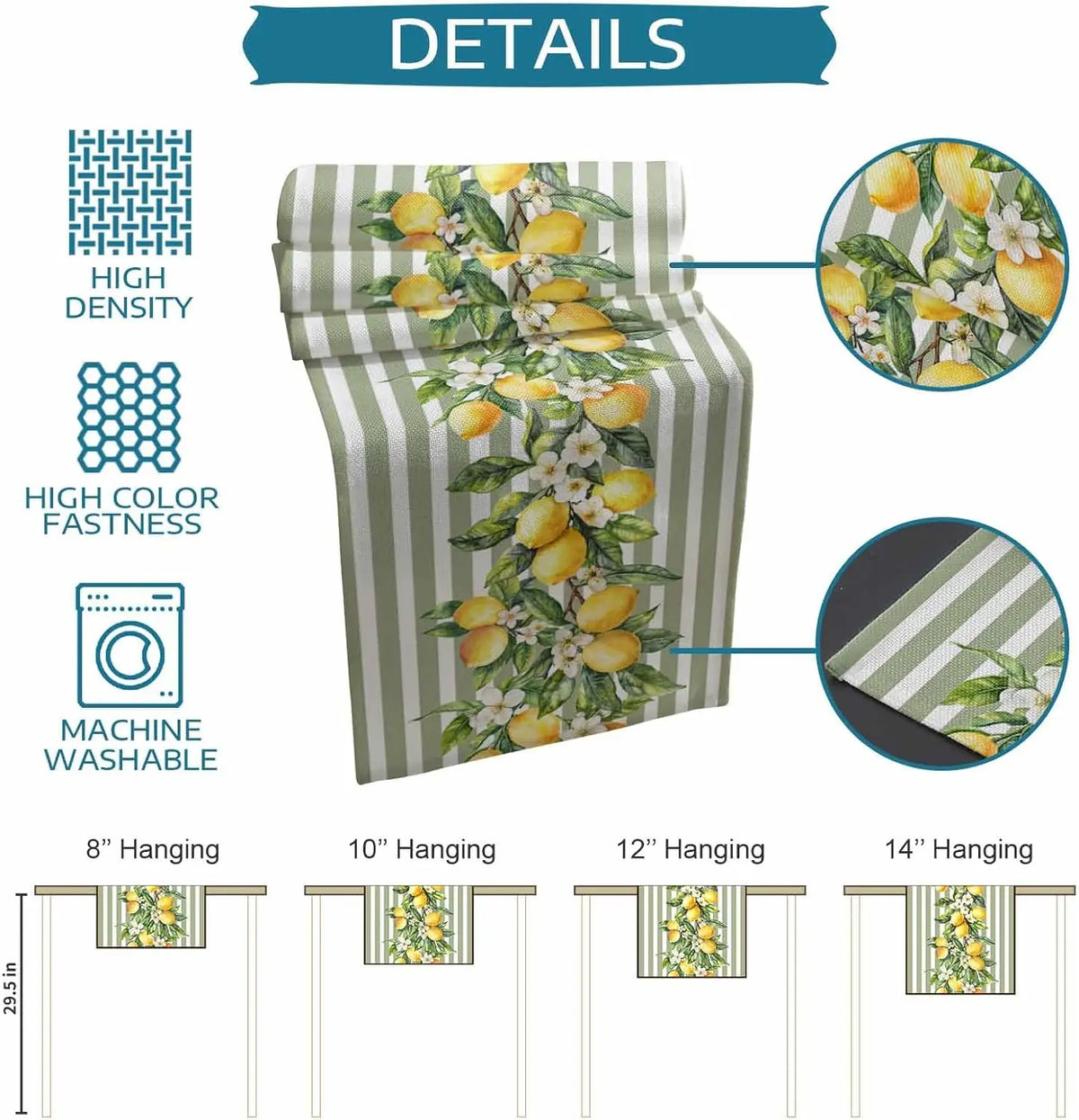 table table lin motif citrons fleurs rayures vertes esté