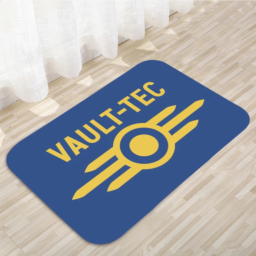 tapis noir bleu blanc logo vault tec antidérapant moderne graphique sol couloir polyester