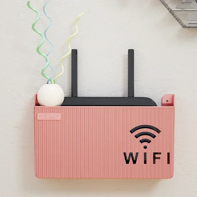 support mural routeur wifi gris rose bleu rayures horizontales moderne salon