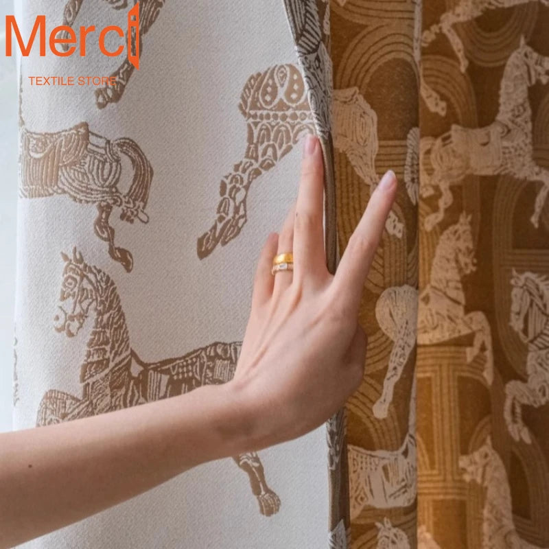 rideau translucide beige motif cheval blanc moderne décoratif salon chambre salon maison tissu polyester