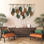 décoration murale boho feuilles stylisées coton biologique rubans vert beige gris