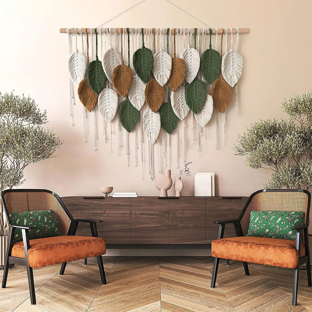 décoration murale boho feuilles stylisées coton biologique rubans vert beige gris