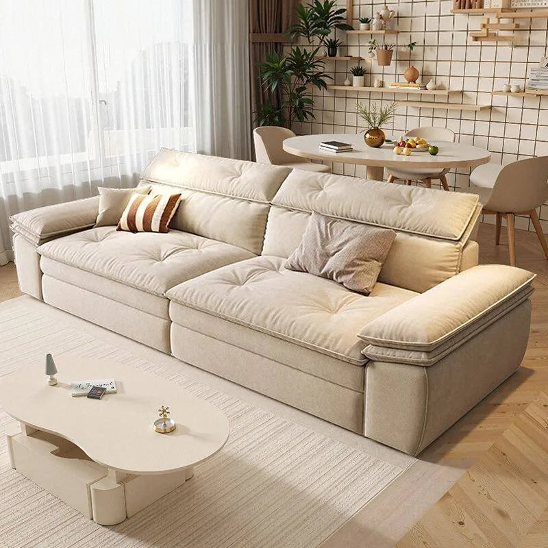 canapé d'angle moderne beige clair coussins doux bois chêne meuble salon minimaliste
