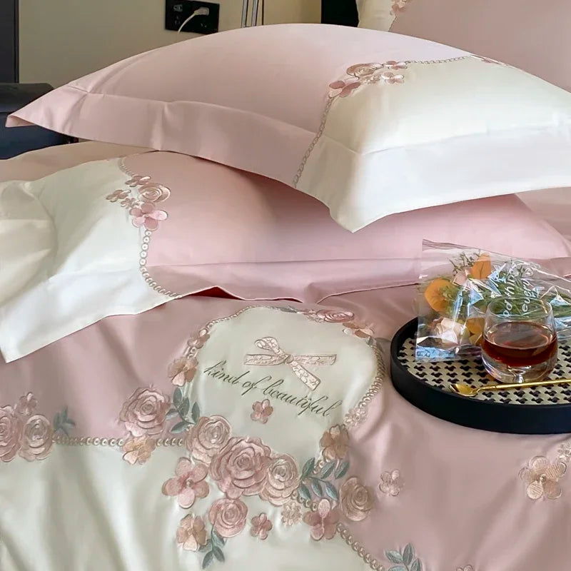 ensemble literie rose clair broderies florales 100 coton satiné élégant full queen king