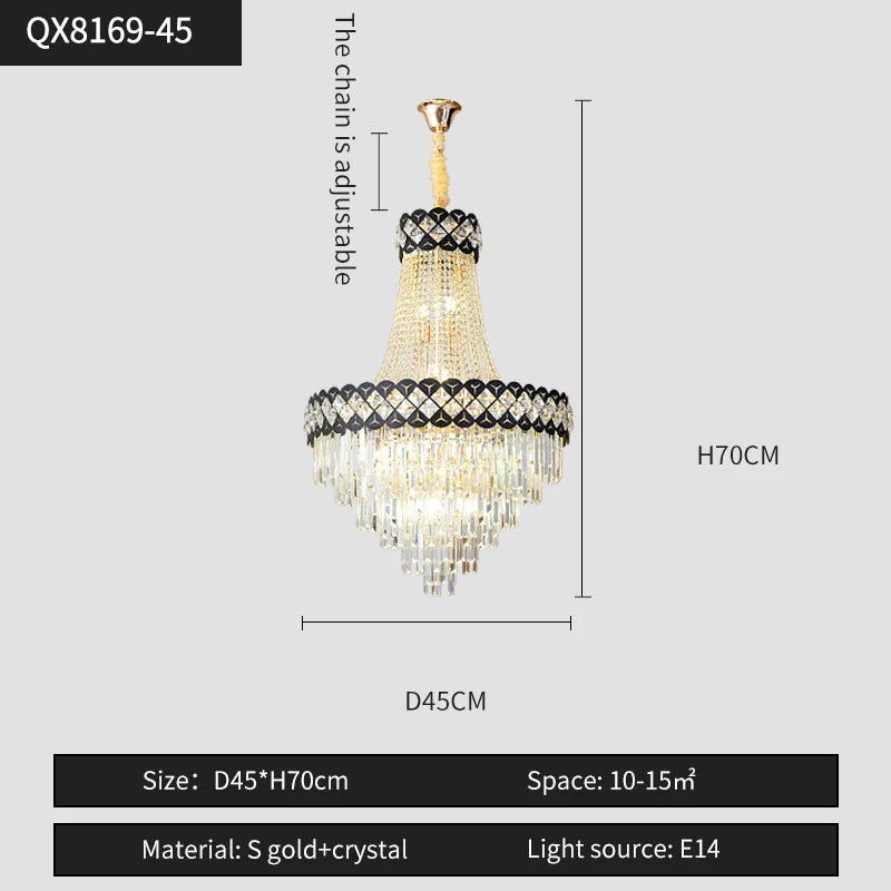 lustre cristal luxe doré noir moderne suspension salon élégant grand luminaire intérieur luxe