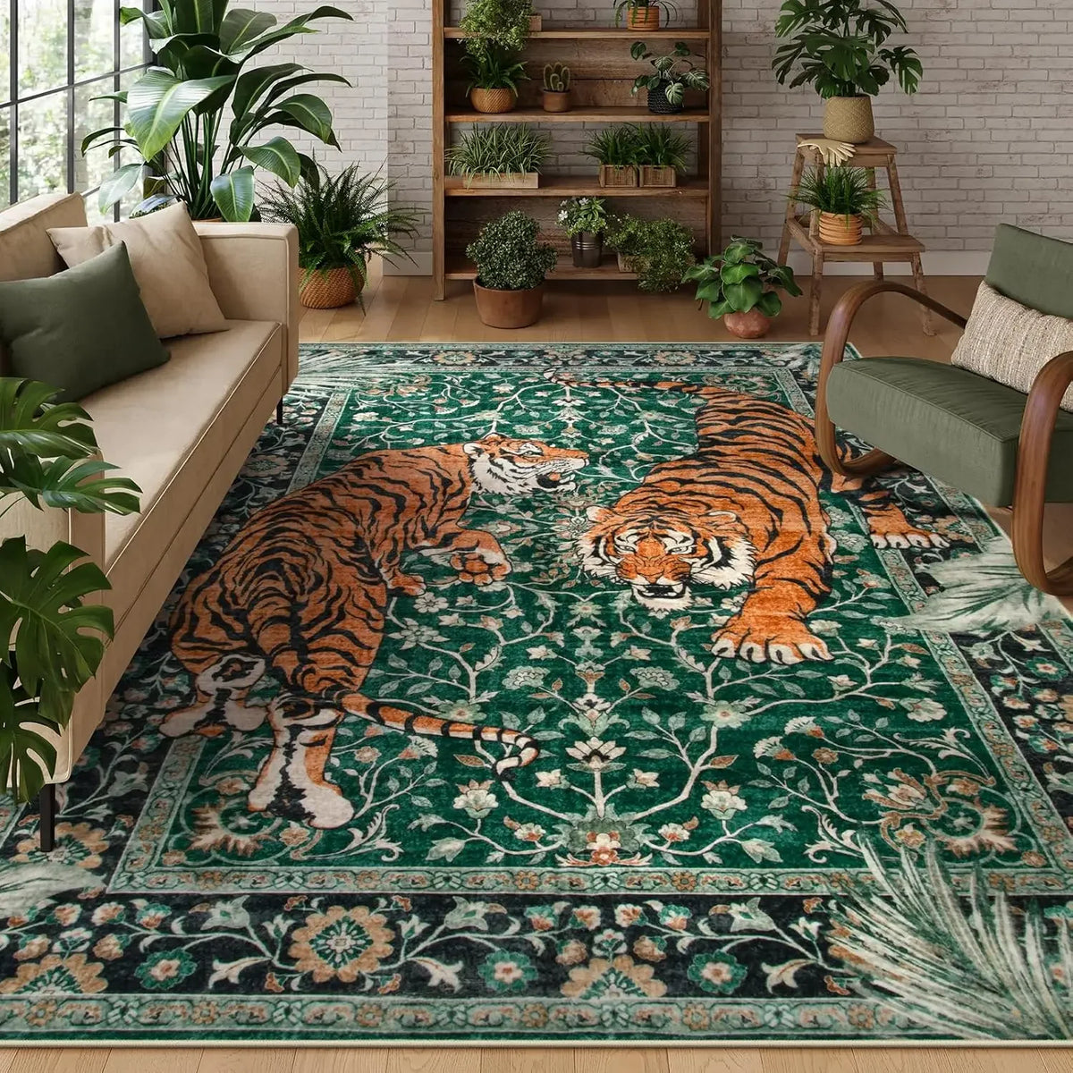 tapis vert noir bohème motif tigre fleurs vintage maison intérieur