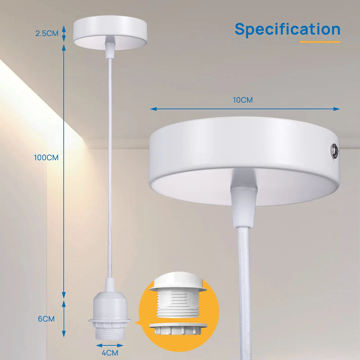 suspension lumineuse moderne blanc noir corps métal câble rond lisse