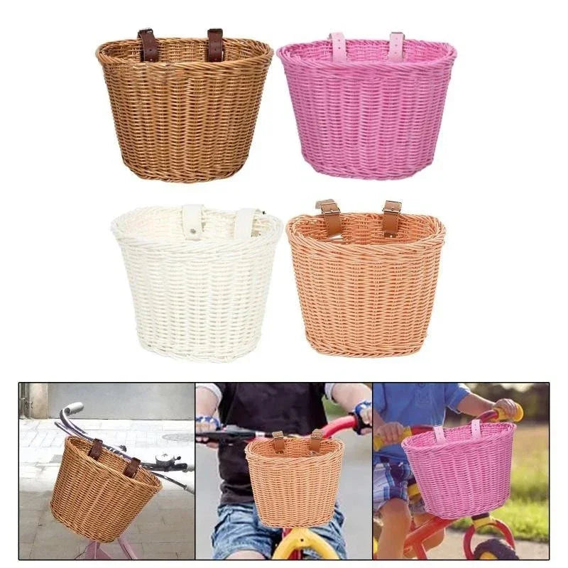 panier vélo tressé marron rose blanc traditionnel clips métalliques 18x14x12cm