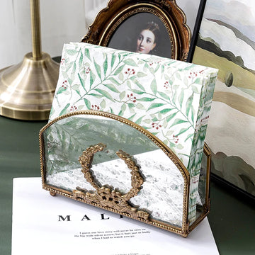 rangement serviettes vintage métal verre motifs végétaux effet patiné or blanc