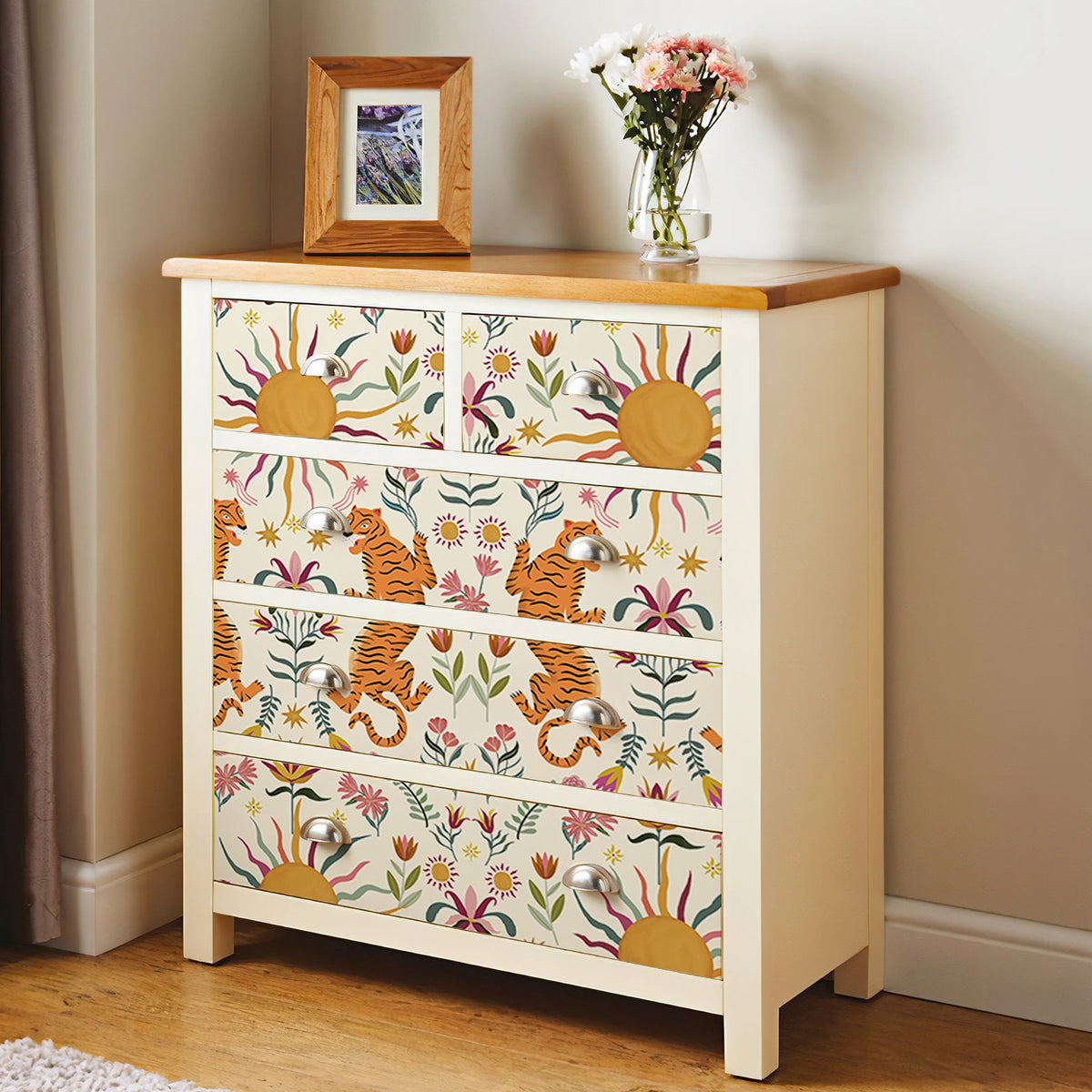 papier peint vinyle tigres sautant fleurs soleils boho chic salon chambre enfant cuisineOpaque Jaune