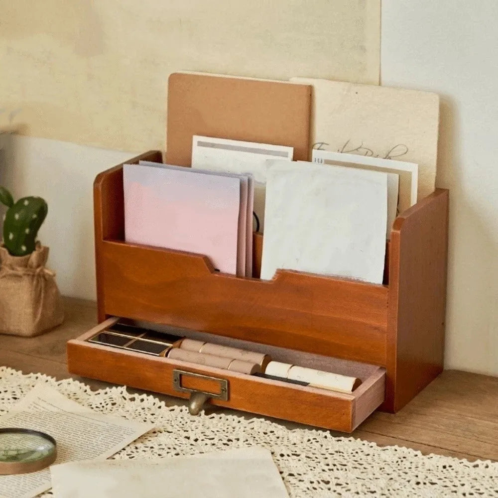 organisateur bois marron vintage tiroirs compartiments documents stylos
