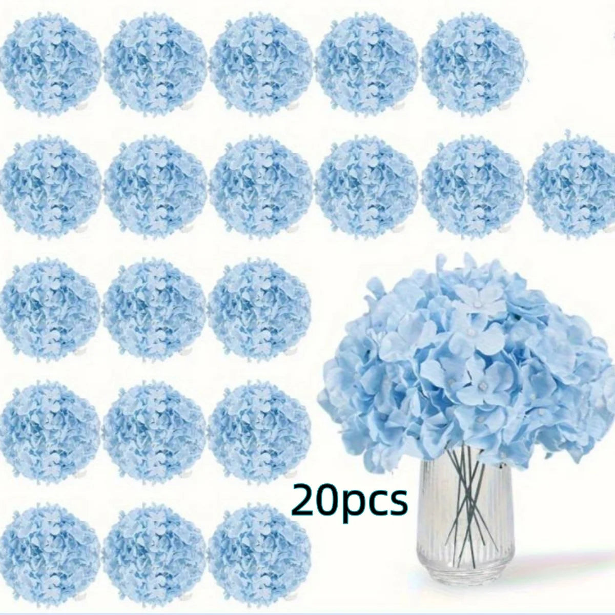 bouquet artificiel 20 fleurs hortensia bleu blanc rose pâle vase verre moderne minimalisteintérieur mariage