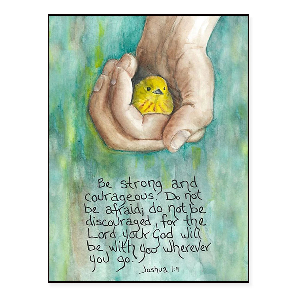 Une image de réconfort et d'encouragement, avec un petit oiseau jaune dans des mains bienveillantes, accompagnée d'un texte biblique inspirant.