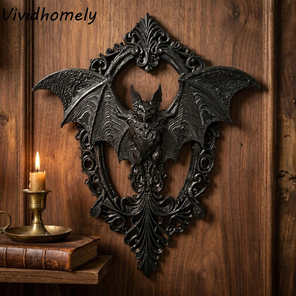 plaque murale gothique chauve souris relief floral noir decor chambre sombre