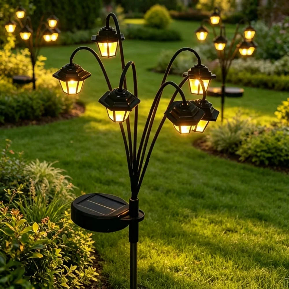 lanterne solaire rétro fleur cerisier noir fixée piquet six leds éclairage extérieur jardin patio