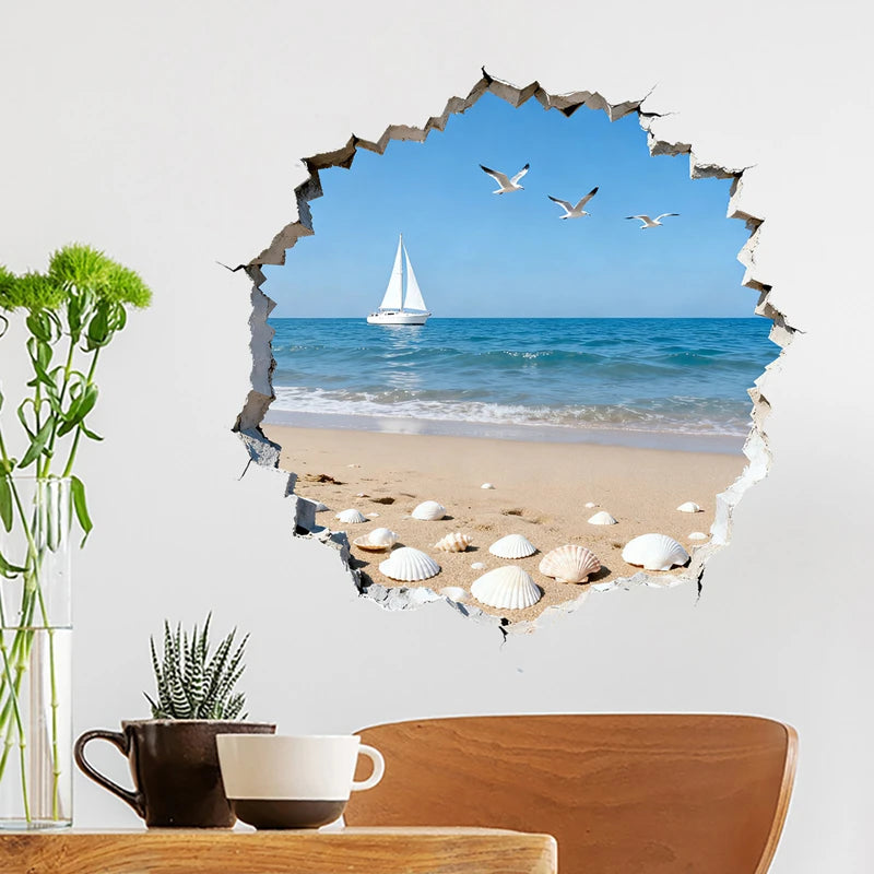 sticker mural paysage marin plage coquillages oiseaux voilier bleu blanc 3d chambre maison