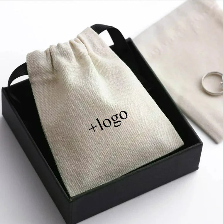 sac bijoux toile coton fleuri ruban noir beige clair minimaliste réutilisable personnalisable logo imprimé