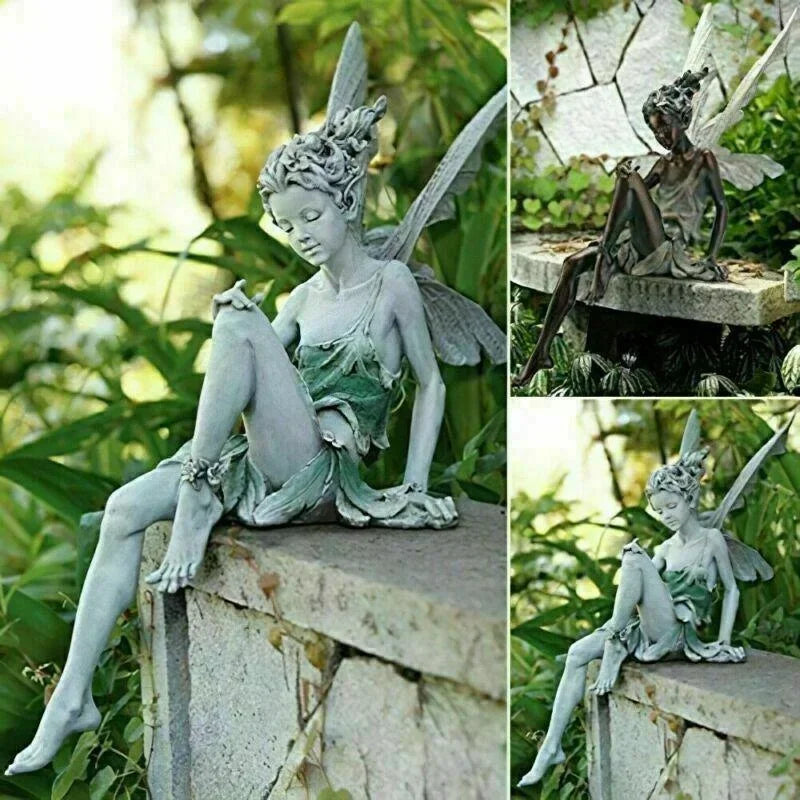 statuette fée flûte résine gris vert argenté texture feuilles mousse fantaisiste folkloreextérieur