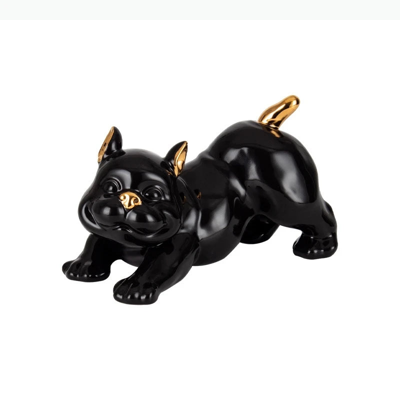 figurine chien bouledogue français noir blanc détails dorés lisse brillante moderne décorative