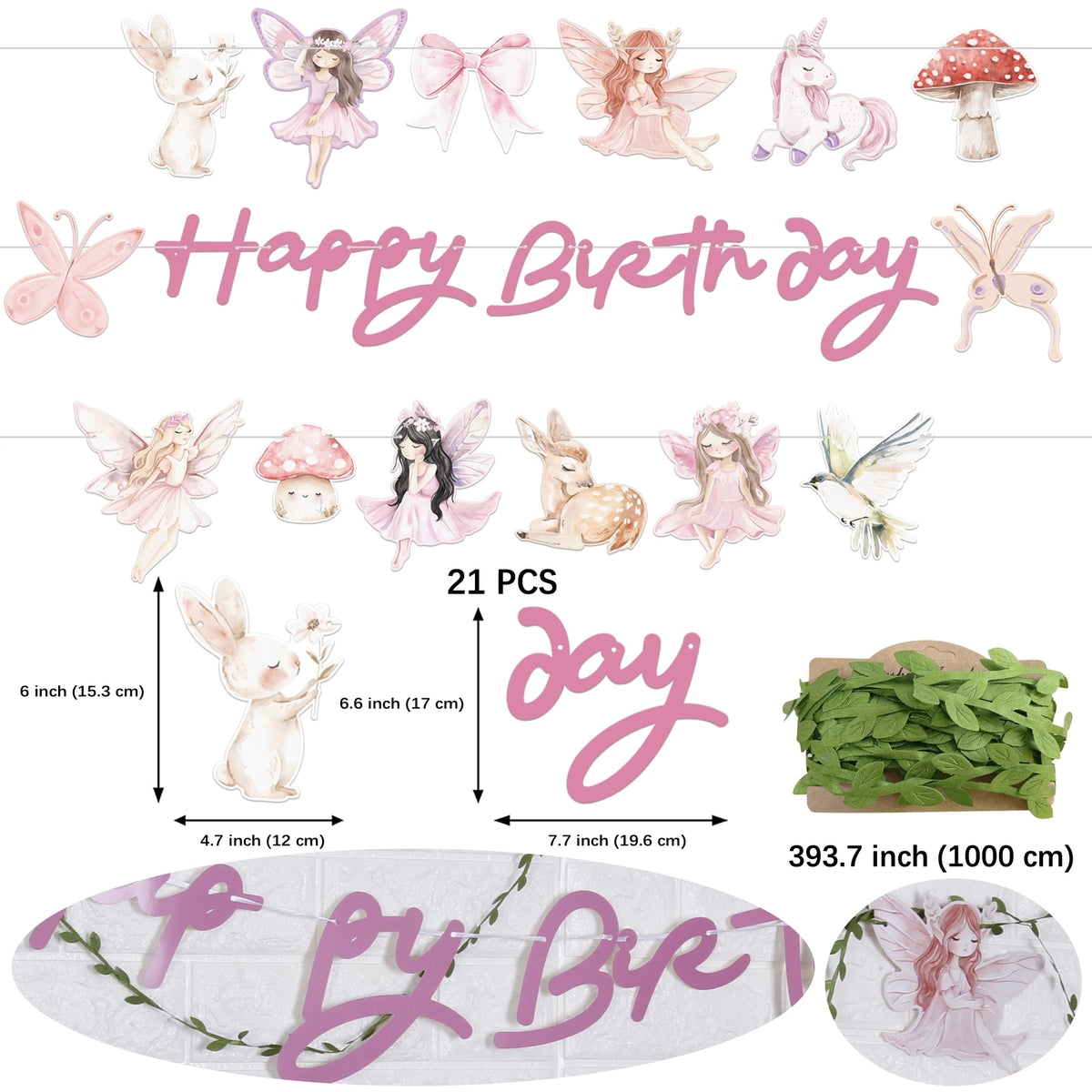guirlande happy birthday fées lapin papillons arc licorne aquarelle enfantine féerique pastel
