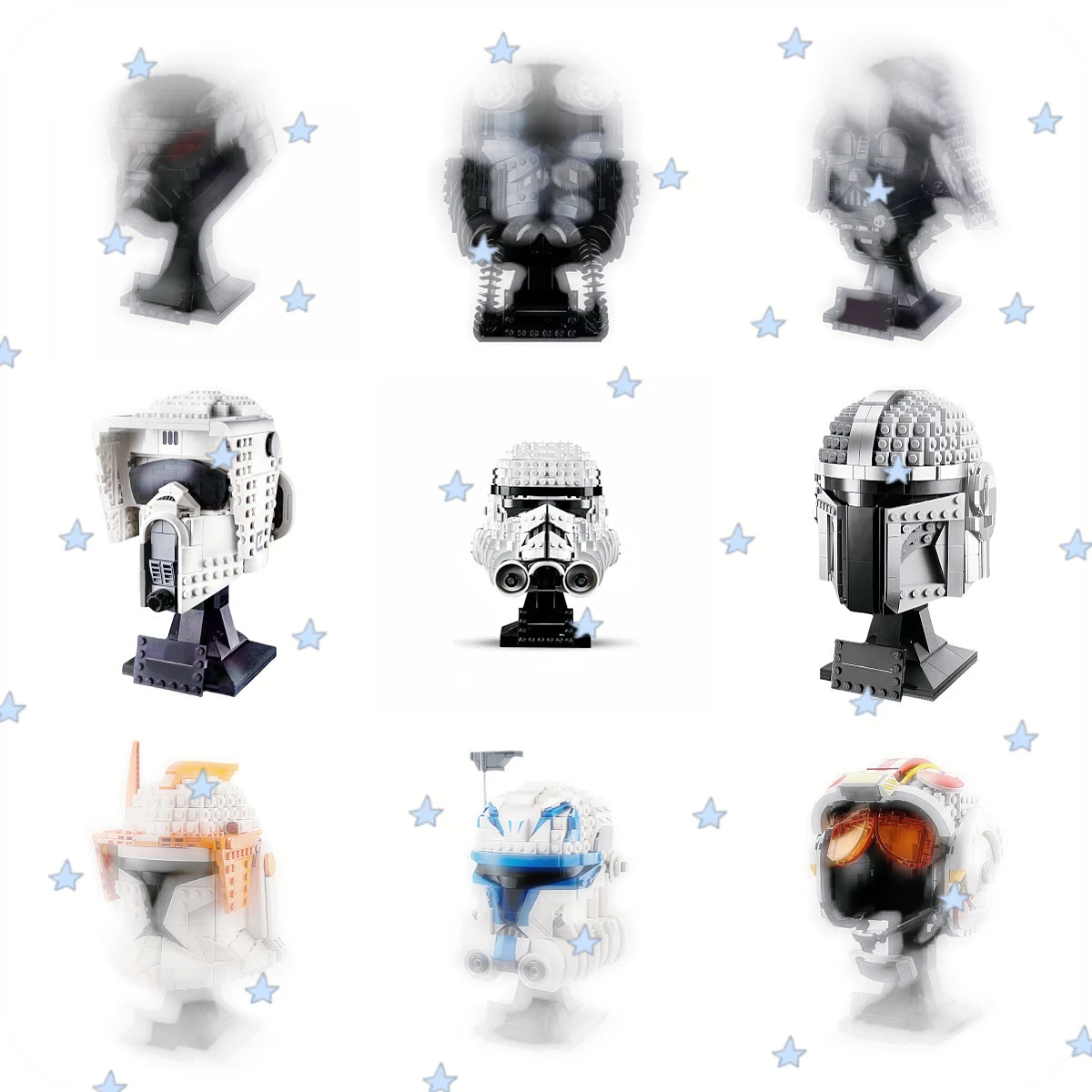 casque personnage collection science fiction briques construction socle exposition détails réalistes noir blanc