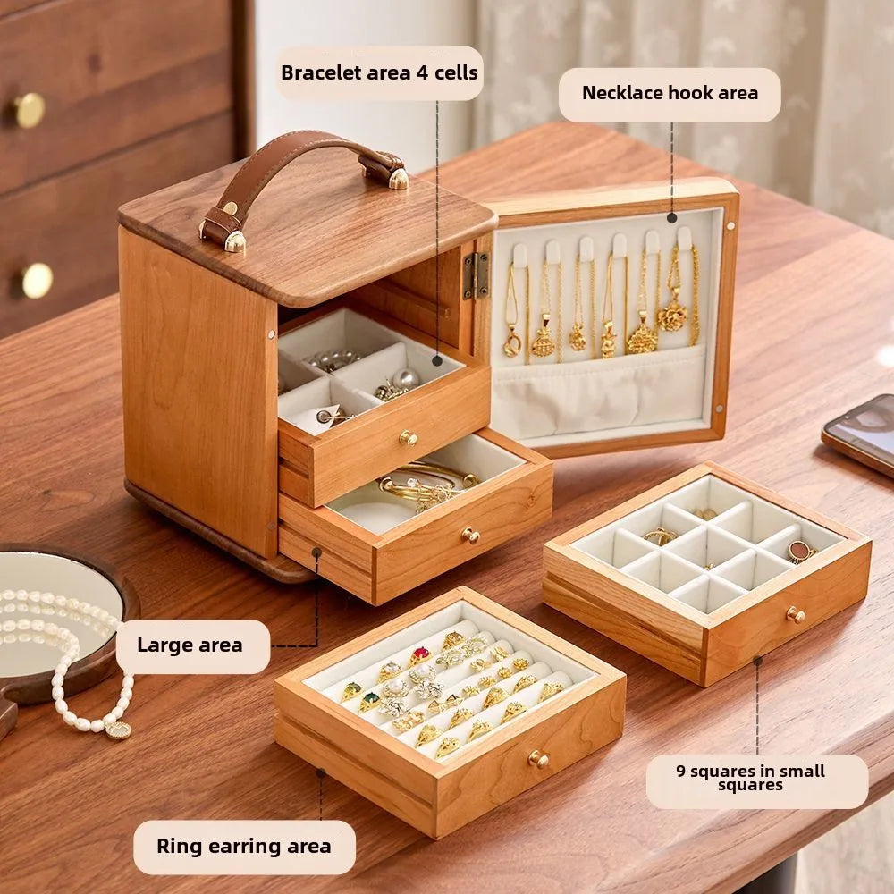 boîte bijoux classique vintage compartiments bois clair poignée cuir compartiment rabattable tiroirs bracelets colliers