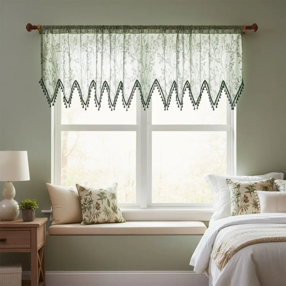 rideau transparent vert floral rustique tringle bois extérieur classique polyester